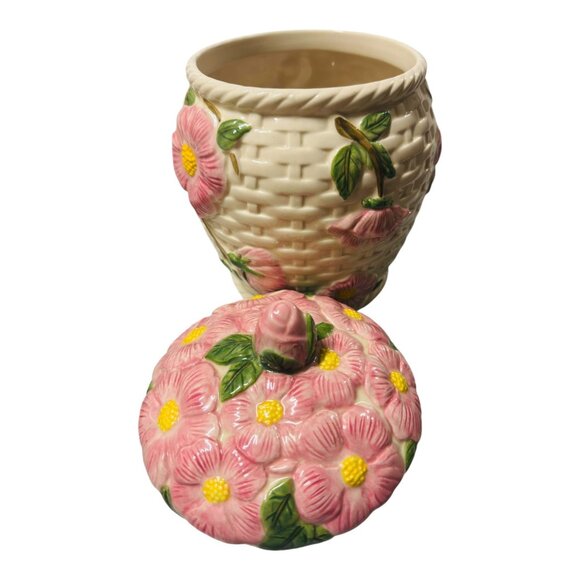 Vintage Fitz & Floyd Floral Ceramic Cookie Jar W Lid - Pink Flower Basket Design - Picture 6 of 8